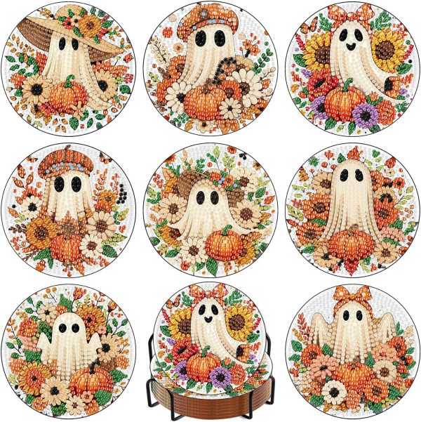 CT07013BTS294GT_1 8 Pcs Diamond Art Coasters Kit for Adult with Holder, Diamond Coaster 4x4in | DIY Halloween Ghost Diamond Painting Kits Coaster with Cork Pads, 5D Fall Diamond Dots Coasters Set for Adult Home Decor
