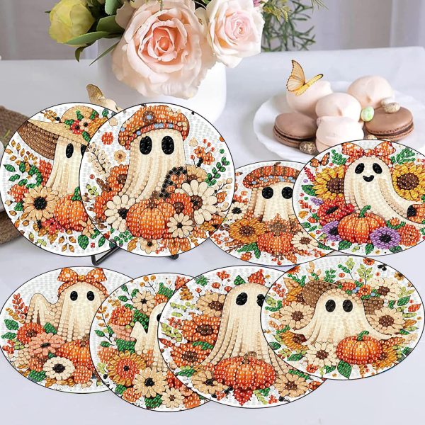 CT07013BTS294GT_2 8 Pcs Diamond Art Coasters Kit for Adult with Holder, Diamond Coaster 4x4in | DIY Halloween Ghost Diamond Painting Kits Coaster with Cork Pads, 5D Fall Diamond Dots Coasters Set for Adult Home Decor