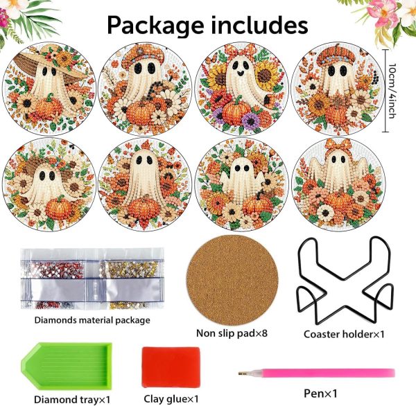 CT07013BTS294GT_3 8 Pcs Diamond Art Coasters Kit for Adult with Holder, Diamond Coaster 4x4in | DIY Halloween Ghost Diamond Painting Kits Coaster with Cork Pads, 5D Fall Diamond Dots Coasters Set for Adult Home Decor
