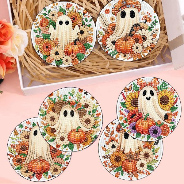 CT07013BTS294GT_4 8 Pcs Diamond Art Coasters Kit for Adult with Holder, Diamond Coaster 4x4in | DIY Halloween Ghost Diamond Painting Kits Coaster with Cork Pads, 5D Fall Diamond Dots Coasters Set for Adult Home Decor