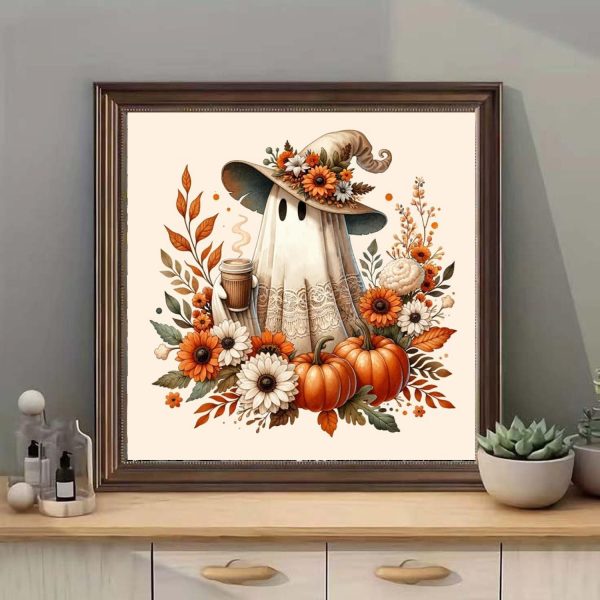 RYMILIE Halloween Diamond Art Kits for Adults Fall Pumpkins 12x12inch | 5D Coffee Ghost Diamond Painting Kit for Beginners, DIY Full Round Drill Gem Art Crafts for Home Wall Decor Gift