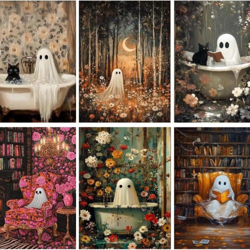 pchmcu 6 Pack Halloween Diamond Art Kits for Adults, 5D DIY Cute Ghost Flowers Diamond Painting Kits for Room Bedroom Living Room Bathroom Wall Decor 12x16 Inch