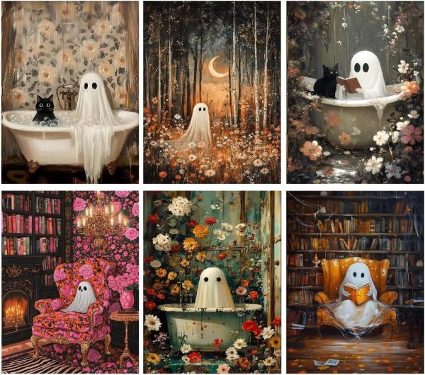 CT07013BTS322GT_1 pchmcu 6 Pack Halloween Diamond Art Kits for Adults, 5D DIY Cute Ghost Flowers Diamond Painting Kits for Room Bedroom Living Room Bathroom Wall Decor 12x16 Inch