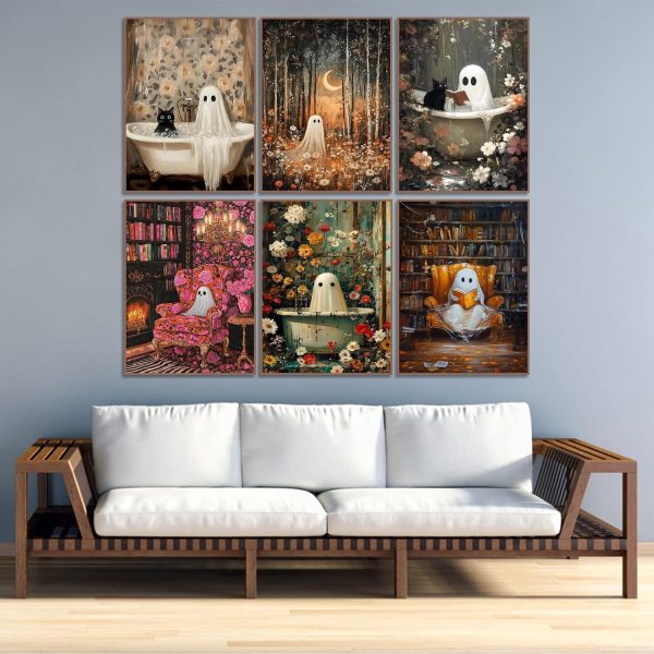 CT07013BTS322GT_3 pchmcu 6 Pack Halloween Diamond Art Kits for Adults, 5D DIY Cute Ghost Flowers Diamond Painting Kits for Room Bedroom Living Room Bathroom Wall Decor 12x16 Inch