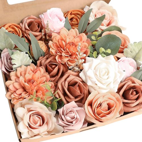 CT07019FDC180GT_1 Floroom Terracotta Artificial Flowers Burnt Orange Fake Roses Peonies Dahlias and Greenery Combo Box Set for DIY Wedding Bouquets Bridal Shower Centerpieces Floral Arrangements Party Tables Decoration