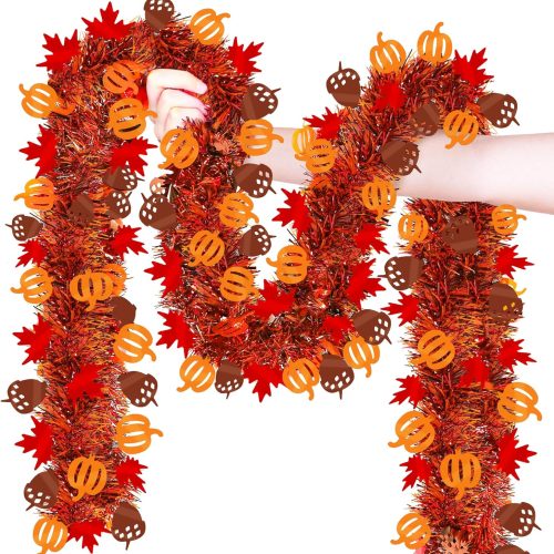 50Ft Fall Decor Fall Tinsel Garland with Pumpkin Maple Leaf Acorn Fall Decorations for Home, Shiny Metallic Maple Leaves Fall Garland for Mantle Tree Autumn Halloween Thanksgiving Decor Indoor Outdoor