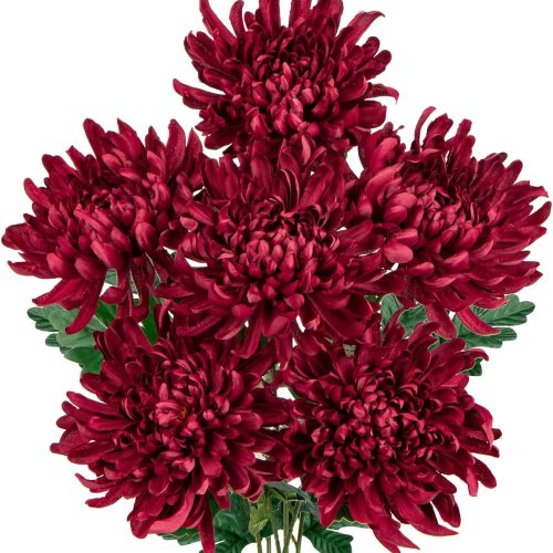 Briful 6 Pcs Burgundy Artificial Mums for Outdoors Fall – 25.6’’ Long Stem Faux Chrysanthemums, Large 6’’ Silk Fall Flowers for Wedding Bouquets, Centerpieces, Porch Décor, Indoor Home Decoration