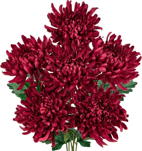 CT0811ZRA374GT_1 Briful 6 Pcs Burgundy Artificial Mums for Outdoors Fall – 25.6’’ Long Stem Faux Chrysanthemums, Large 6’’ Silk Fall Flowers for Wedding Bouquets, Centerpieces, Porch Décor, Indoor Home Decoration