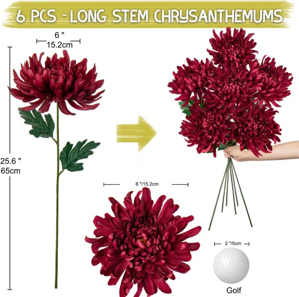 CT0811ZRA374GT_3 Briful 6 Pcs Burgundy Artificial Mums for Outdoors Fall – 25.6’’ Long Stem Faux Chrysanthemums, Large 6’’ Silk Fall Flowers for Wedding Bouquets, Centerpieces, Porch Décor, Indoor Home Decoration