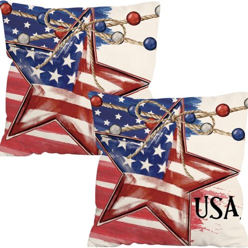 CT0811ZRA462GT_1 FUTBU 4th of July Pillow Covers 16x16 Set of 2, American Flag Stars Patriotic Throw Pillow Covers, Red White Blue Independence Day Decorative Cushion Cases for Home Sofa Outdoor Decor