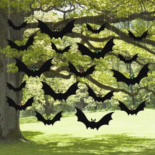 CT0821ZRA1078GT_1 (18 Pcs) Hanging Bats Halloween Decoration Outside, Large Flying Plastic Bats Outdoor Decor, 3 Different Sizes with Cute Eye Stickers for Hanging in The Tree, Porch, Yard, Lawn, Indoor