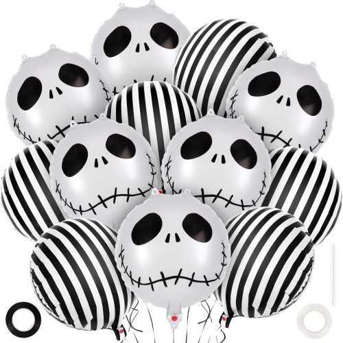 CT0821ZRA1423GT_1 12 Pcs Black and White Striped Balloons, Skeletons Skull Foil Balloons, Halloween Party Decorations, Halloween Balloon for Hallow Birthday Baby Shower Masquerade Themed Party Decorations