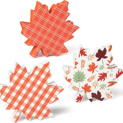 CT0821ZRA210GT_1 COCHIE Fall Leaves Decorations for Home Indoor, Thanksgiving Table Decor, Harvest Tabletop Decoration, Wooden Maple Leaf Signs Block for Tiered Tray Party Shelf Display Set of 3
