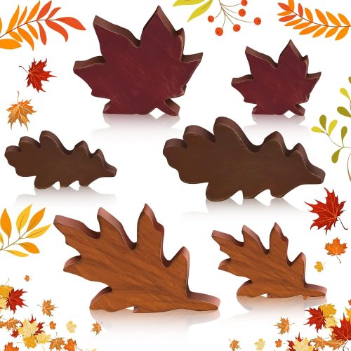 CT0821ZRA273GT_1 Qunclay 6 Pcs Fall Thanksgiving Maple Leaves Decorations Autumn Leaves Wood Sign Table Centerpieces Farmhouse Rustic Thanksgiving Leaf Tiered Tray Decor for Home Desk Office Party