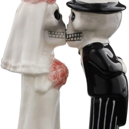 CT0831ZRA104GT_1 Pacific Giftware Love Never Dies Skeleton Bride and Groom Kissing Magnetic Salt and Pepper Shaker, Ceramic