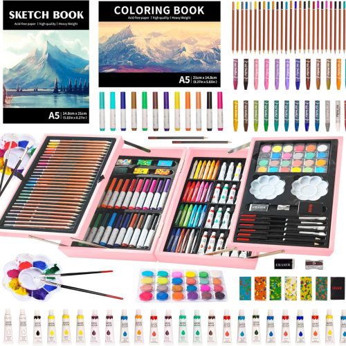 CT0831ZRA233GT_1 KINSPORY Art Set, 139 Pack Painting Drawing Art Supplies Kit with 2 Sketch Pads, Deluxe Double Layers Art Set Crafts, Colored Pencils, Oil Pastels, Watercolor Paints, Gift for Artists Kids (Rose Pink)