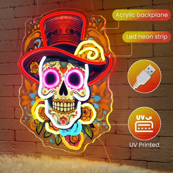 Day of the Dead Neon Sign - Mexican Sugar Skull LED Neon Light for Home & Bar Decor,UV Printed Art with Flexible LED Strip,Halloween & Día de Muertos Party Decoration (Red）