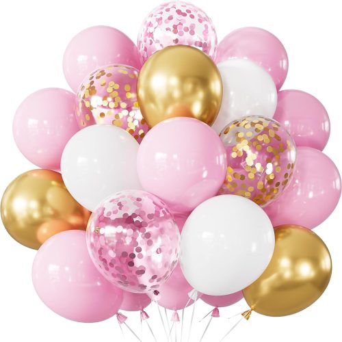 Pink and Gold Balloons Set, Pink White balloons, Confetti Balloons | 50Pcs 12 Inch Pink White Gold Balloons, Latex Balloon for Girl Women Princess Baby Shower Birthday Wedding Party Decorations