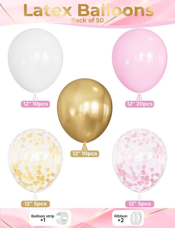 Pink and Gold Balloons Set, Pink White balloons, Confetti Balloons | 50Pcs 12 Inch Pink White Gold Balloons, Latex Balloon for Girl Women Princess Baby Shower Birthday Wedding Party Decorations