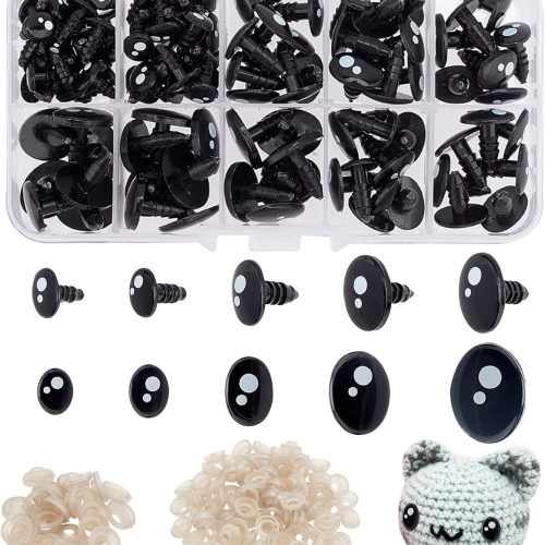 PH PandaHall 200pcs Kawaii Safety Eyes, 5 Sizes Craft Eyes Black Stuffed Animal Eyes Kawaii Eyes with Washers Oval Resin Felt Eyes for Amigurumi Puppet Teddy Bear Crochet Plush Animal Making