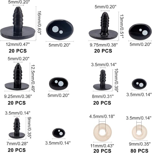 PH PandaHall 200pcs Kawaii Safety Eyes, 5 Sizes Craft Eyes Black Stuffed Animal Eyes Kawaii Eyes with Washers Oval Resin Felt Eyes for Amigurumi Puppet Teddy Bear Crochet Plush Animal Making