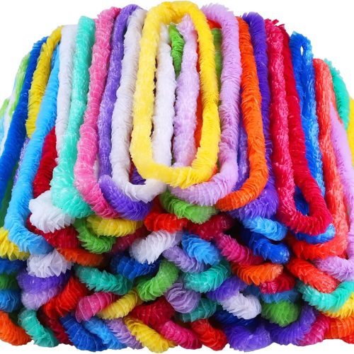 Elcoho 144 Pieces Plastic Leis Bulk in Bright Colors Lei Necklaces Assortment Tropical Decorations for Hawaiian Themed Party Favors with 12 Colors