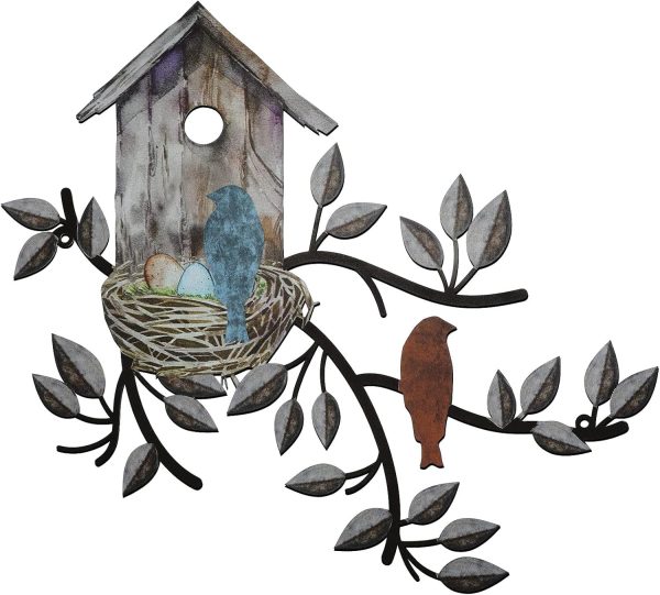 CT1of4GT_1 Peryiter Birds Wall Metal Decor Outdoor Art Hanging Metal Tree with Birdhouse for Living Room Tree Leaf Wall Decor for Indoor Outdoor Garden(Brown)
