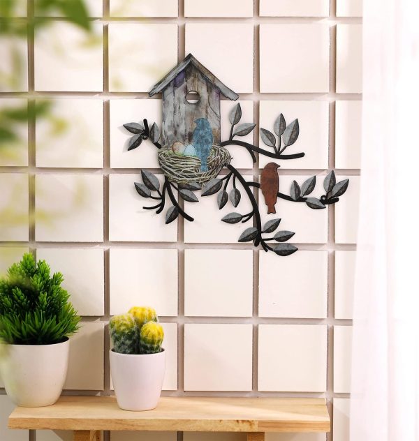 CT1of4GT_3 Peryiter Birds Wall Metal Decor Outdoor Art Hanging Metal Tree with Birdhouse for Living Room Tree Leaf Wall Decor for Indoor Outdoor Garden(Brown)