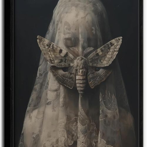 Framed Dark Academia Wall Art Victorian Gothic Women Canvas Prints Veiled Woman Moth Painting Dark Moody Aesthetic Pictures Wall Decor Creepy Goth Poster for Living Room Bedroom Bathroom 12x16 Inch