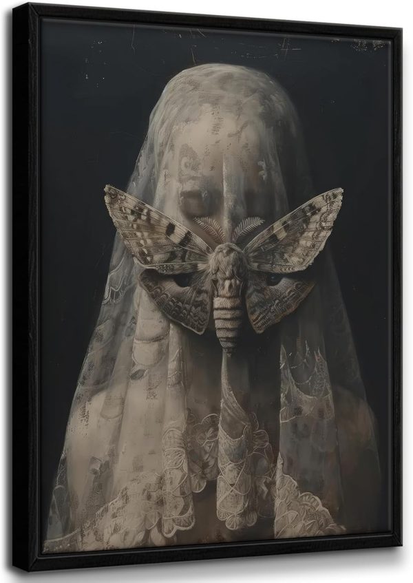 CT2025CT_1 Framed Dark Academia Wall Art Victorian Gothic Women Canvas Prints Veiled Woman Moth Painting Dark Moody Aesthetic Pictures Wall Decor Creepy Goth Poster for Living Room Bedroom Bathroom 12x16 Inch