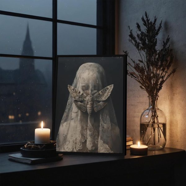 CT2025CT_2 Framed Dark Academia Wall Art Victorian Gothic Women Canvas Prints Veiled Woman Moth Painting Dark Moody Aesthetic Pictures Wall Decor Creepy Goth Poster for Living Room Bedroom Bathroom 12x16 Inch