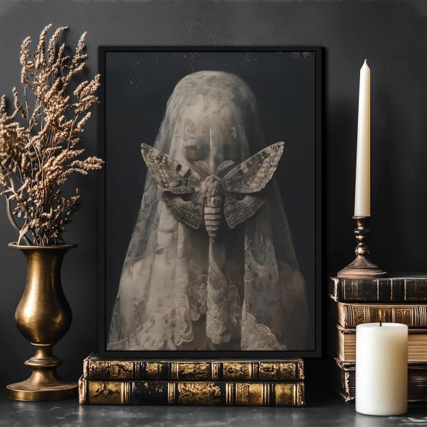 CT2025CT_3 Framed Dark Academia Wall Art Victorian Gothic Women Canvas Prints Veiled Woman Moth Painting Dark Moody Aesthetic Pictures Wall Decor Creepy Goth Poster for Living Room Bedroom Bathroom 12x16 Inch