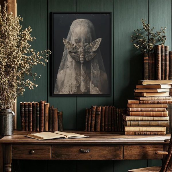 CT2025CT_4 Framed Dark Academia Wall Art Victorian Gothic Women Canvas Prints Veiled Woman Moth Painting Dark Moody Aesthetic Pictures Wall Decor Creepy Goth Poster for Living Room Bedroom Bathroom 12x16 Inch