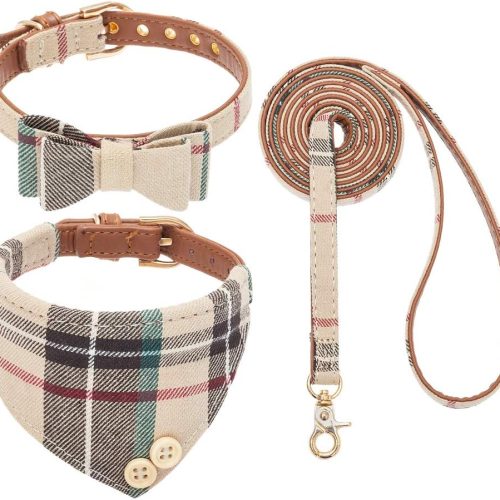 EXPAWLORER Dog Collar and Leash Set - Classic Plaid Dog Bow Tie and Dog Bandana Collar, Dog Leash Tangle Free, Adjustable Collars for Small Medium Large Dogs Cats, Holiday Ideal Gift