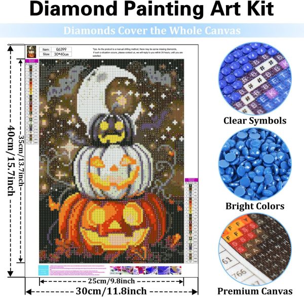 Reivworl Halloween Diamond Art Kits for Adults, Pumpkin Diamond Painting Kits, Gem Art Kit for Gifts and Home Interior Decor 12x16 Inch