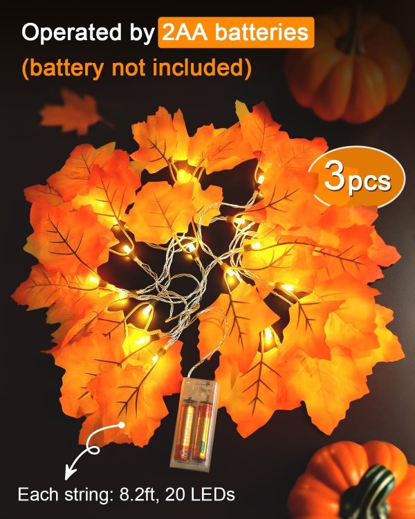 CT25EZ876CT_3 Luditek Fall Decor 3-Pack Fall Leaf Garland with Lights, Total 24.6ft 60 LED Halloween String Lights, Thanksgiving Decorations for Home Holiday Autumn Indoor Friendsgiving Gift