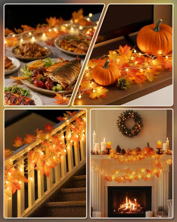 CT25EZ876CT_4 Luditek Fall Decor 3-Pack Fall Leaf Garland with Lights, Total 24.6ft 60 LED Halloween String Lights, Thanksgiving Decorations for Home Holiday Autumn Indoor Friendsgiving Gift