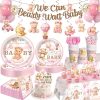 171Pcs Pink Bear Baby Shower Decorations Tableware Set, Serves 25 | No assembly disposable plates and napkins set, cake topper, balloons, banner, tablecloth, for girls bearly wait baby shower