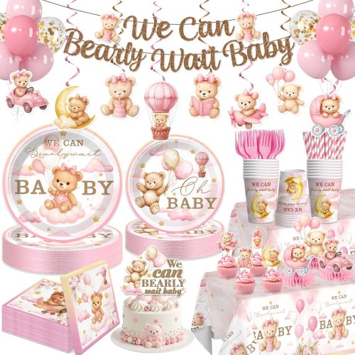 171Pcs Pink Bear Baby Shower Decorations Tableware Set, Serves 25 | No assembly disposable plates and napkins set, cake topper, balloons, banner, tablecloth, for girls bearly wait baby shower