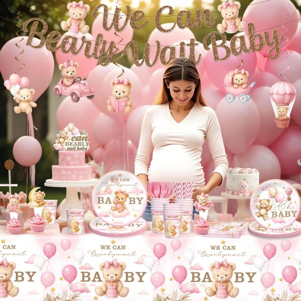 171Pcs Pink Bear Baby Shower Decorations Tableware Set, Serves 25 | No assembly disposable plates and napkins set, cake topper, balloons, banner, tablecloth, for girls bearly wait baby shower