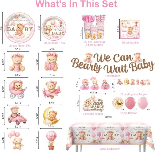 171Pcs Pink Bear Baby Shower Decorations Tableware Set, Serves 25 | No assembly disposable plates and napkins set, cake topper, balloons, banner, tablecloth, for girls bearly wait baby shower