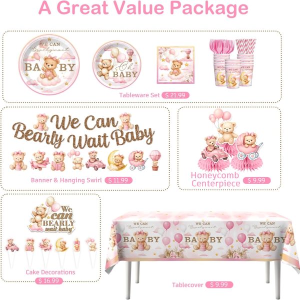 171Pcs Pink Bear Baby Shower Decorations Tableware Set, Serves 25 | No assembly disposable plates and napkins set, cake topper, balloons, banner, tablecloth, for girls bearly wait baby shower