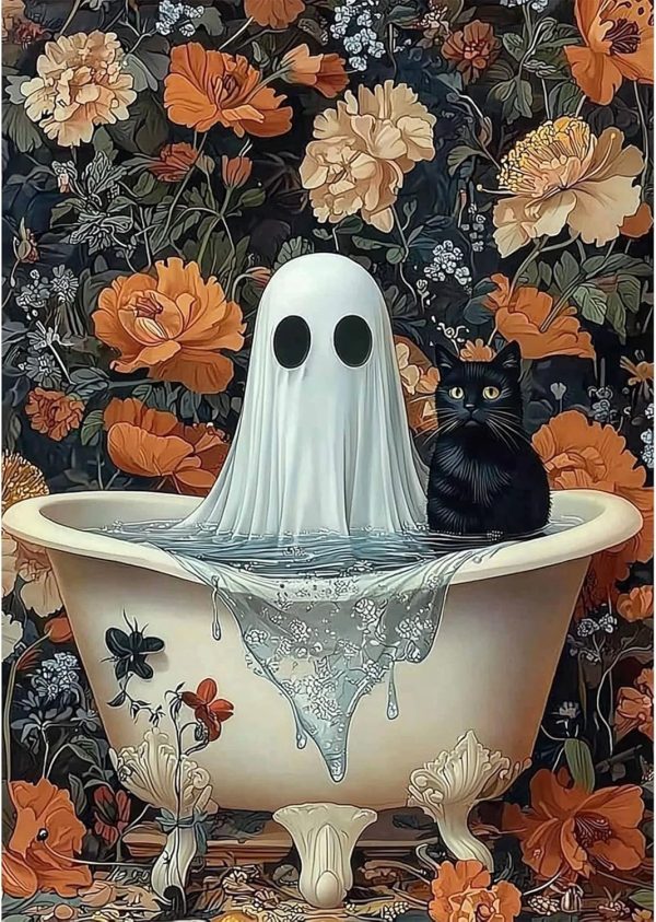 SENQAO Ghost Diamond Painting Kits for Adults, 5D Halloween Diamond Art Kits for Adults Beginner, DIY Full Drill Black Cat Diamonds Paintings Gem Art and Crafts Kit Home Decor Gift 12x16inch