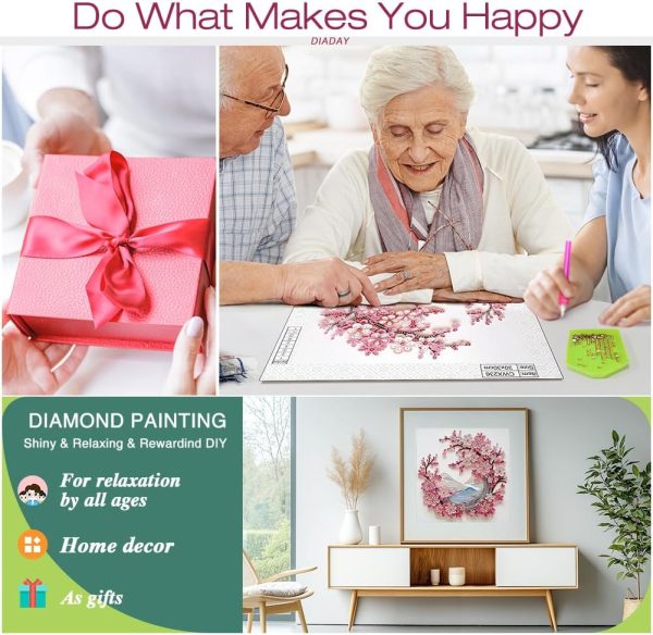DIADAY Cherry Blossom Diamond Art Painting Kits for Adults, 5D Crystal Rhinestone Special Shaped Diamond Art Kits Floral, DIY Crafts Home Wall Decor Gift Art 12 x 12 Inches