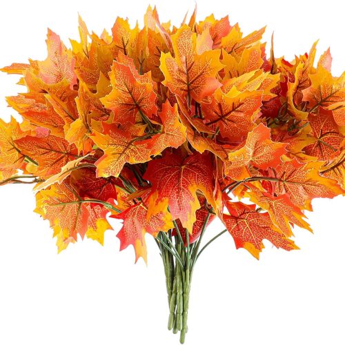 BBTO 6 Pieces Artificial Maple Leaves 7 Branches Autumn Faux Leaf Decoration Stem Fall Leaves for Thanksgiving Home Indoor Outdoor Kitchen Festival Autumns Table Centerpieces Decoration(Orange)
