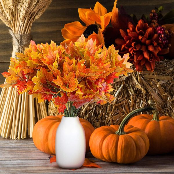 CT5EZ609CT_2 BBTO 6 Pieces Artificial Maple Leaves 7 Branches Autumn Faux Leaf Decoration Stem Fall Leaves for Thanksgiving Home Indoor Outdoor Kitchen Festival Autumns Table Centerpieces Decoration(Orange)