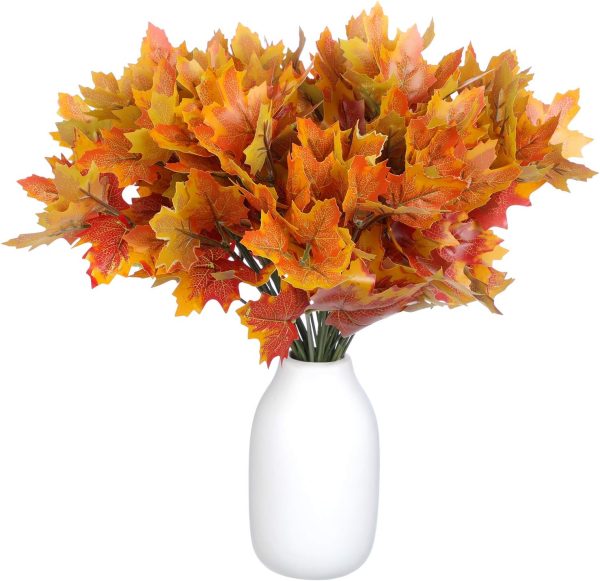CT5EZ609CT_4 BBTO 6 Pieces Artificial Maple Leaves 7 Branches Autumn Faux Leaf Decoration Stem Fall Leaves for Thanksgiving Home Indoor Outdoor Kitchen Festival Autumns Table Centerpieces Decoration(Orange)
