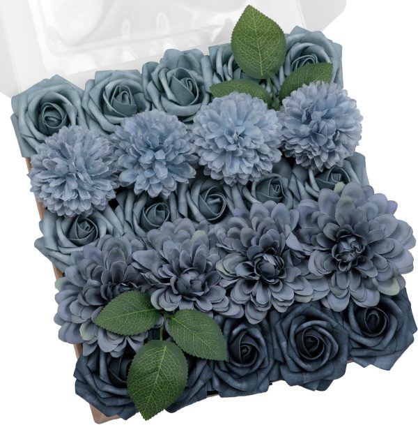TINGE TIME Artificial Flowers Combo Box Set, Dusty Blue Roses Gradient Color Fake Roses with Stems for DIY Wedding Bouquets Table Centerpieces Baby Shower Home Party Floral Arrangements Decorations
