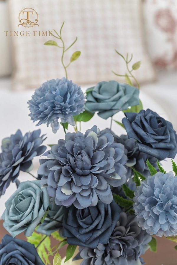 TINGE TIME Artificial Flowers Combo Box Set, Dusty Blue Roses Gradient Color Fake Roses with Stems for DIY Wedding Bouquets Table Centerpieces Baby Shower Home Party Floral Arrangements Decorations