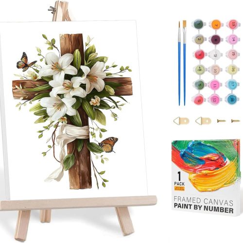 bleihum Paint by Numbers Kit for Adults with Frame Wooden Easel, Cross Easy Paint by Number Canvas, Small Floral Painting by Numbers for Beginner Home Decor Gift 8 x 12 Inch